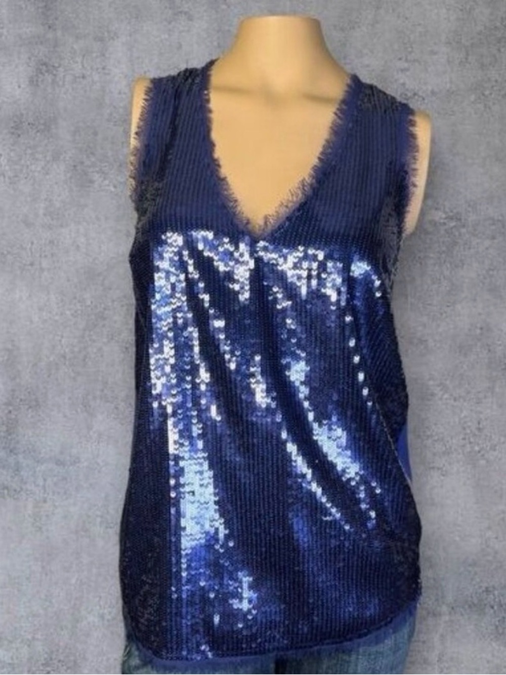 Central Park West Women's Blue Sequin V-Neck Sleeveless Tank Top Size S